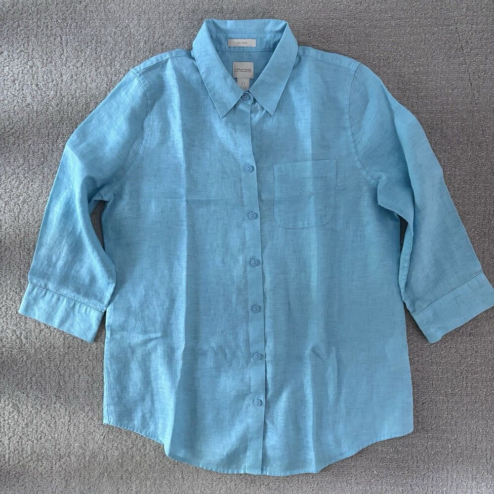 Chico's Womens 100% Linen No Iron Shirt Coastal Preppy Lagenlook Resort Grandma
